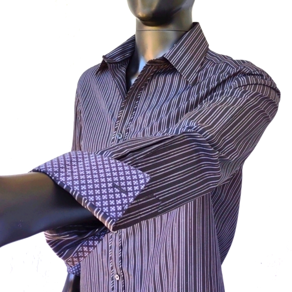 JEFF BANKS (LONDON) MEN'S BLACK MULTI COLOR PIN STRIPED LUXURY SHIRT